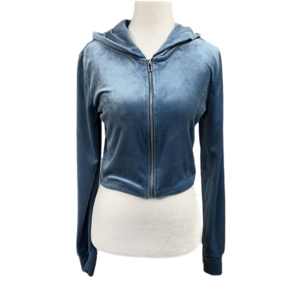 Iris Y2K Velour Hooded Full Zip Crop Jacket Sz M Blue